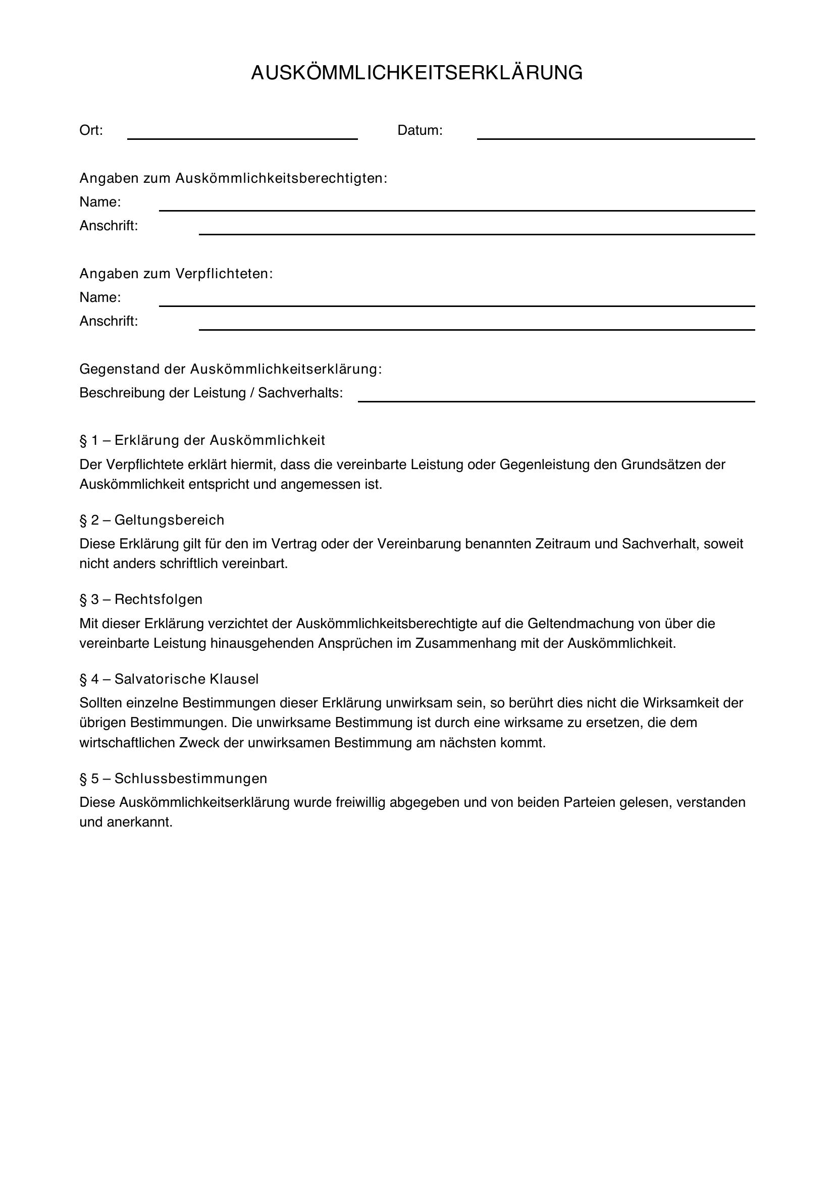 Auskömmlichkeitserklärung Vordruck