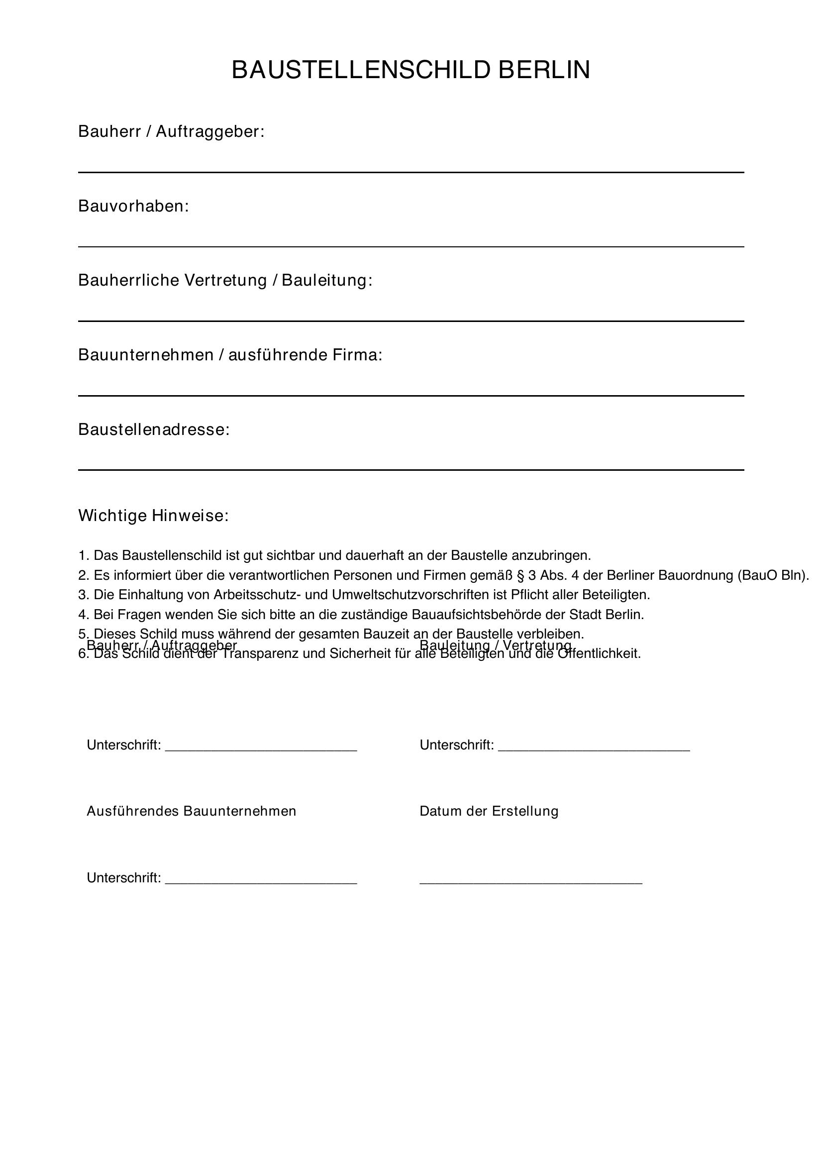 Baustellenschild Berlin Vorlage