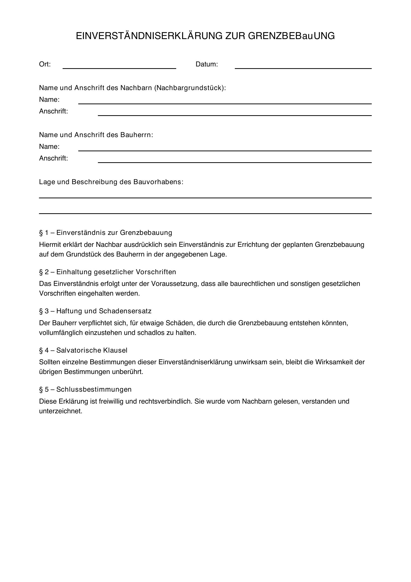 Einverständniserklärung Grenzbebauung