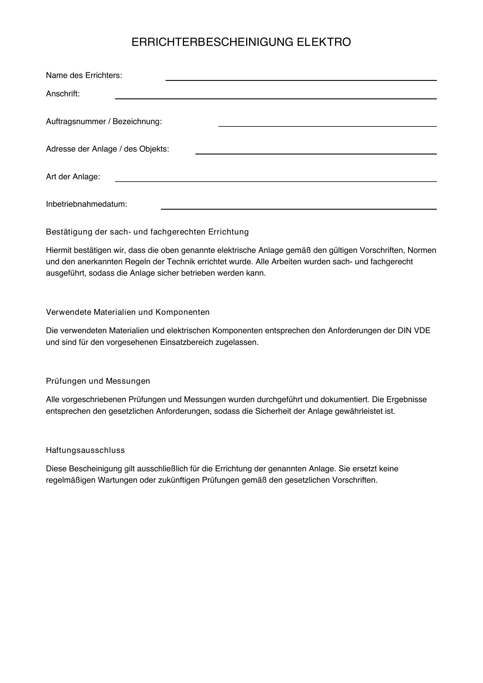 Errichterbescheinigung Elektro