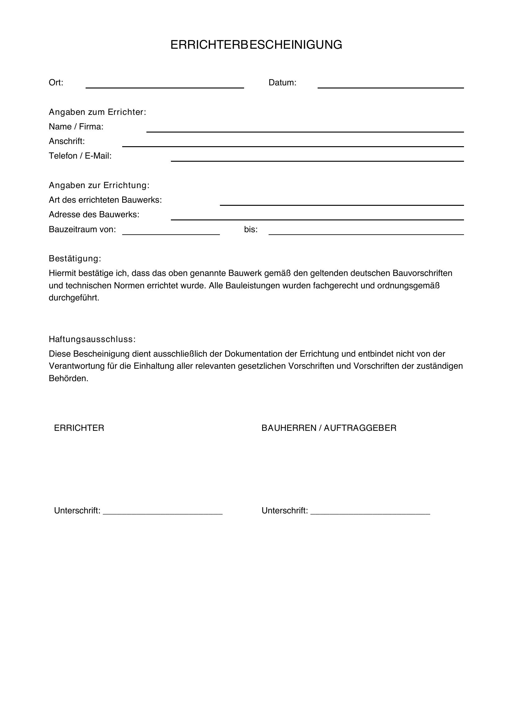 Errichterbescheinigung Vordruck