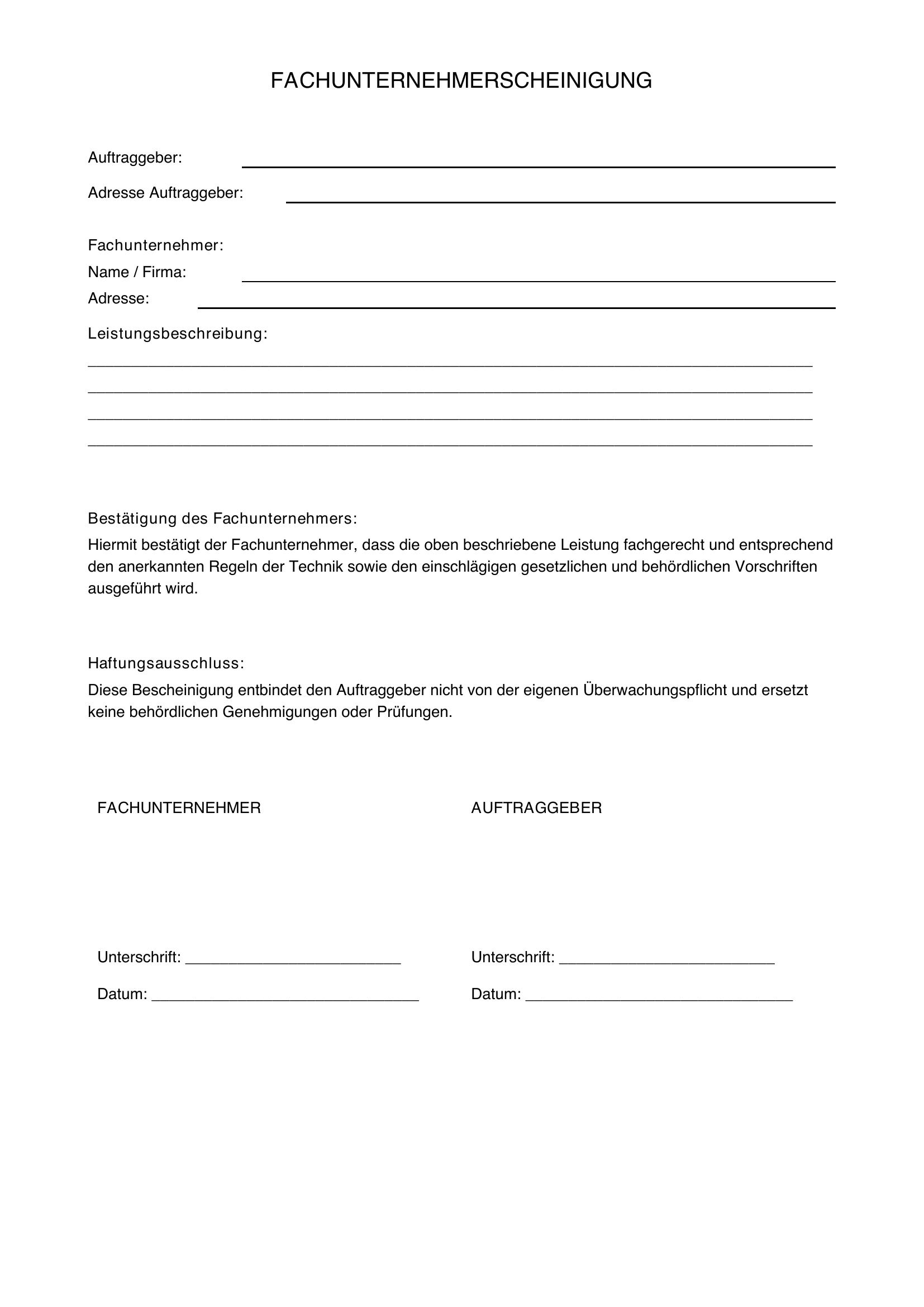 Fachunternehmerbescheinigung Vorlage