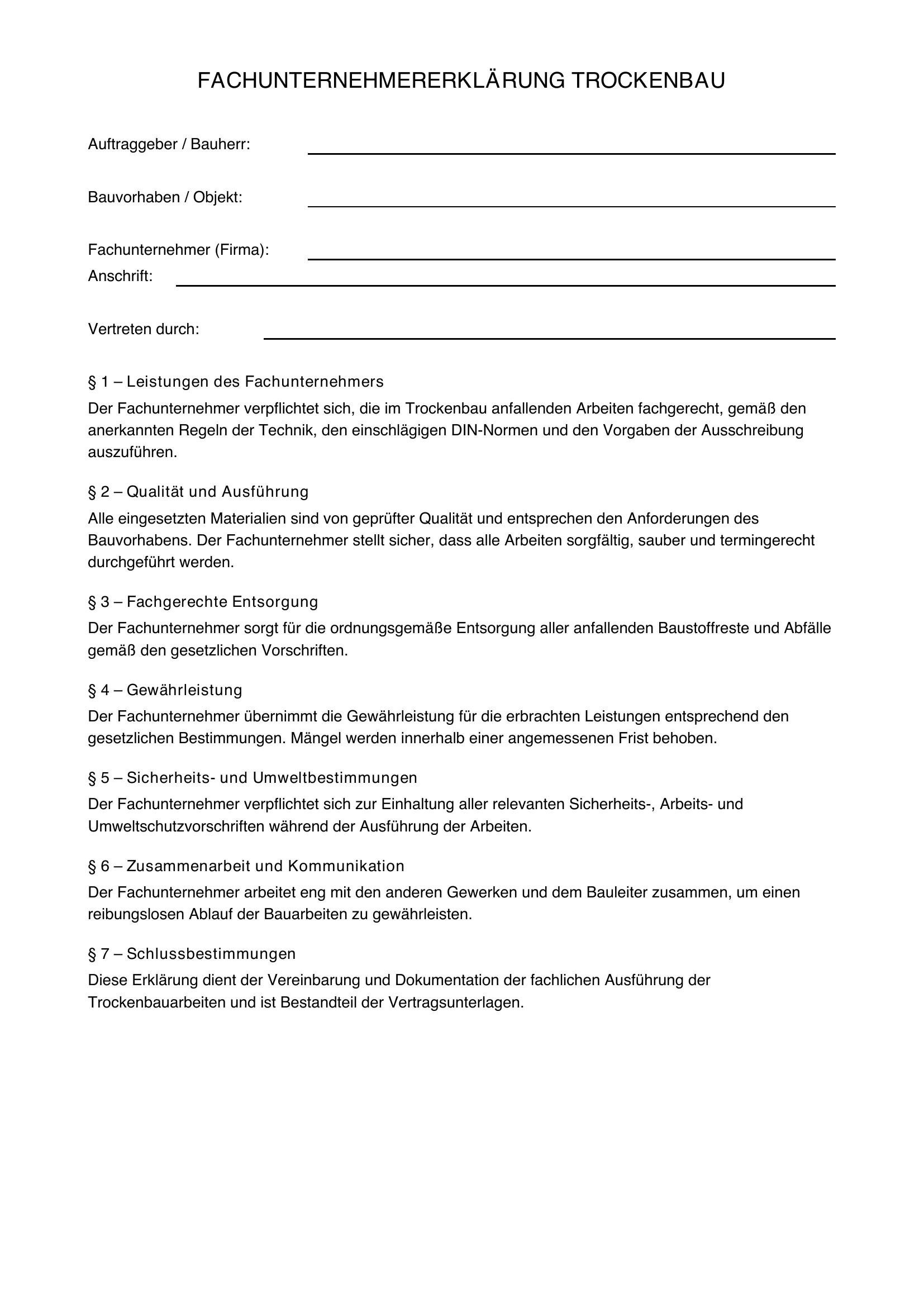 Fachunternehmererklärung Trockenbau