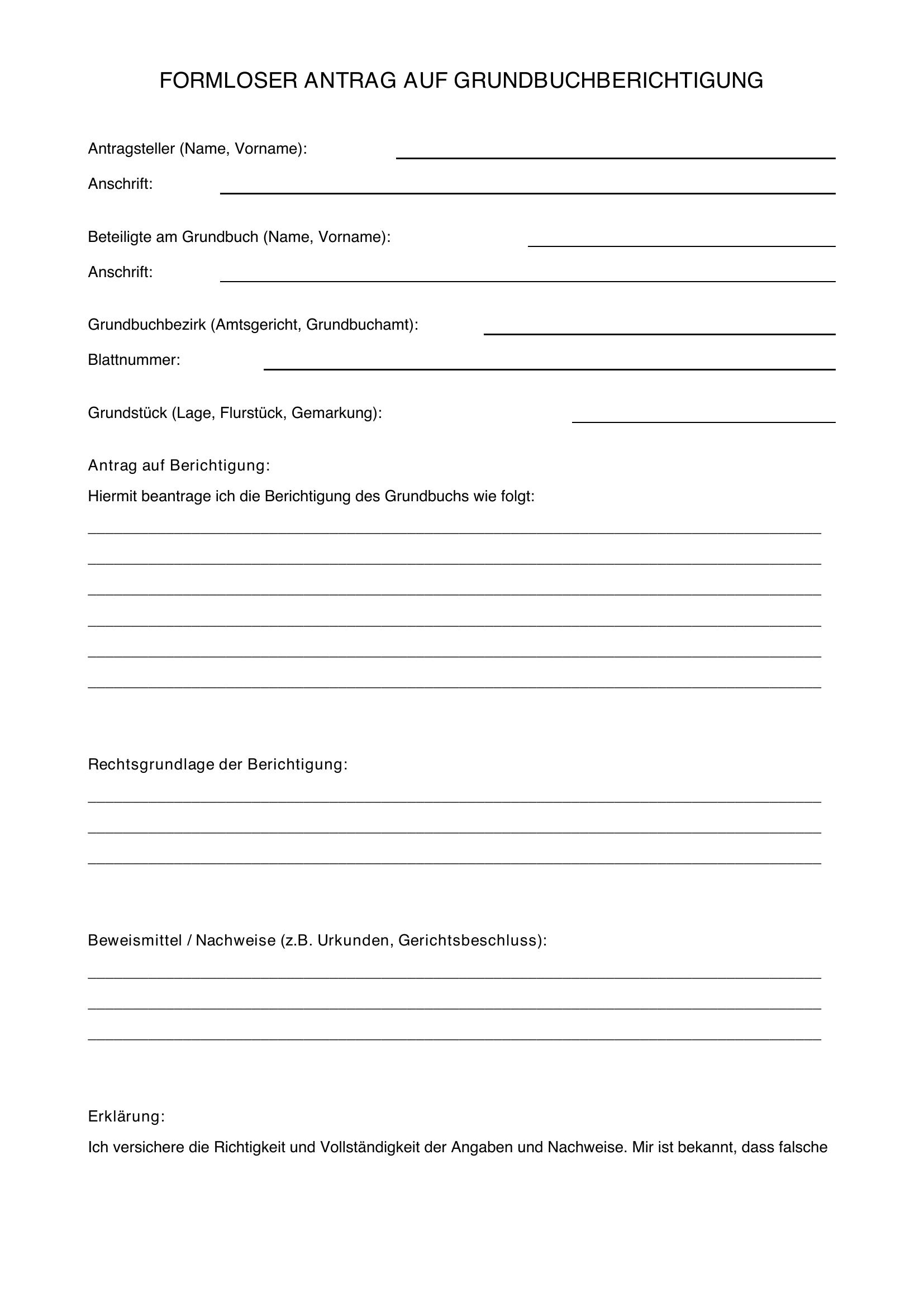 Formloser Antrag Auf Grundbuchberichtigung