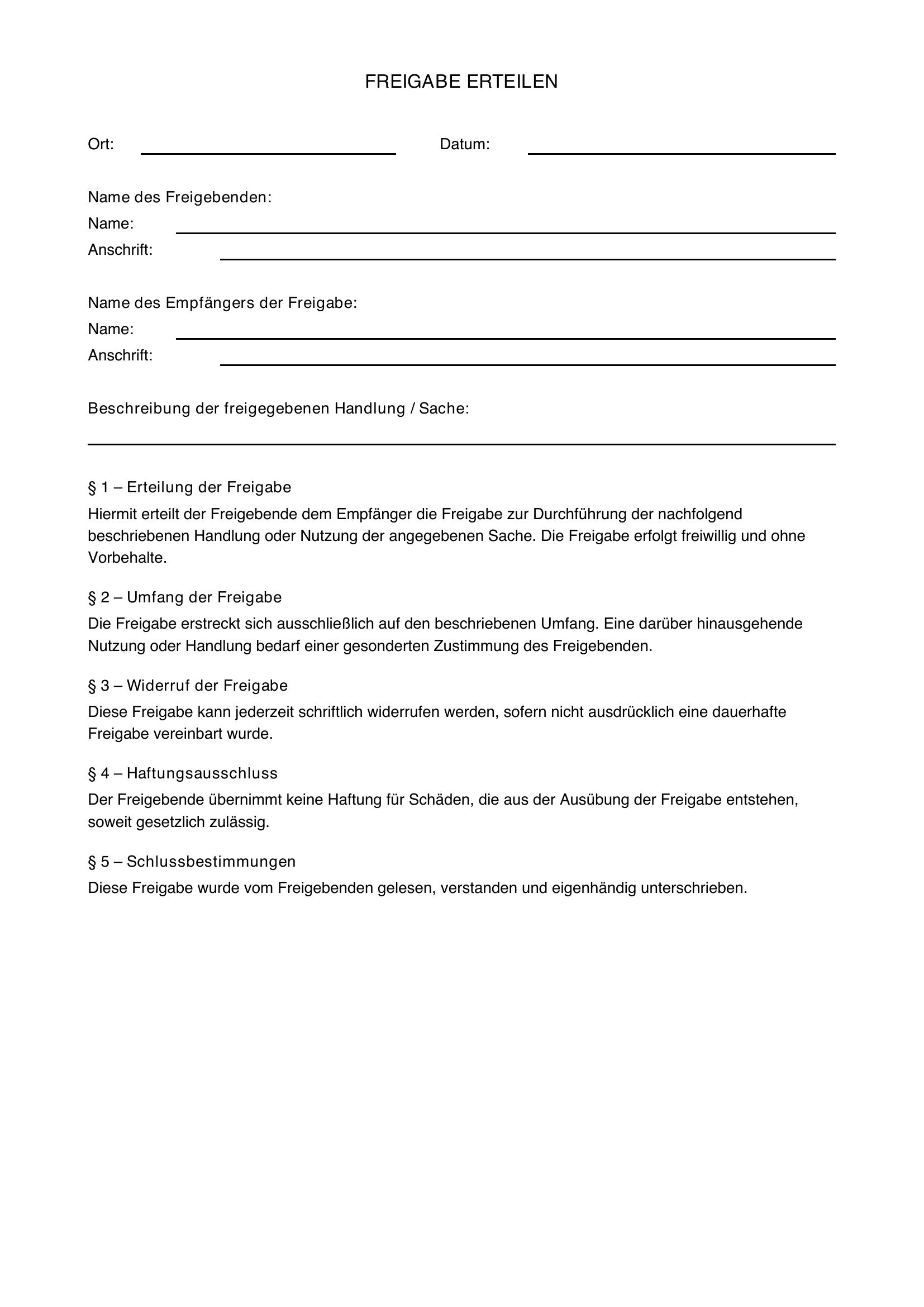 Freigabe Erteilen Formulierung