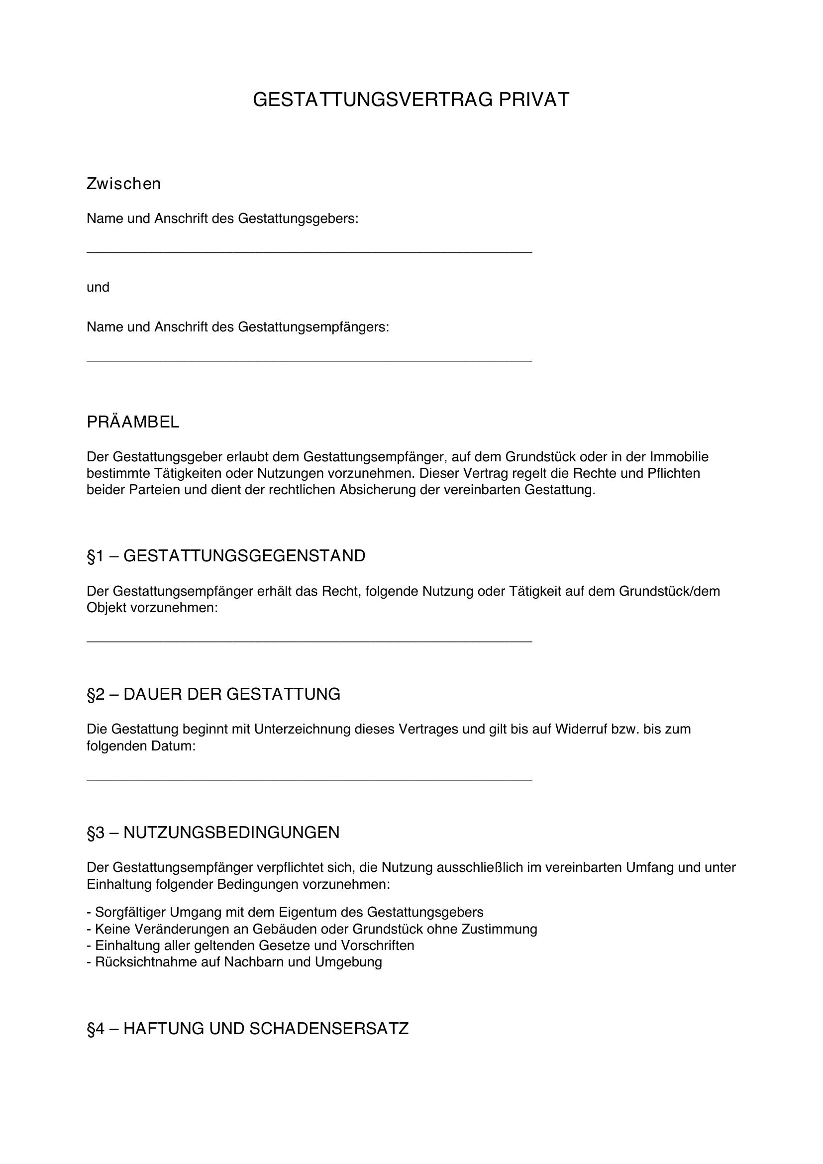 Gestattungsvertrag Muster Privat