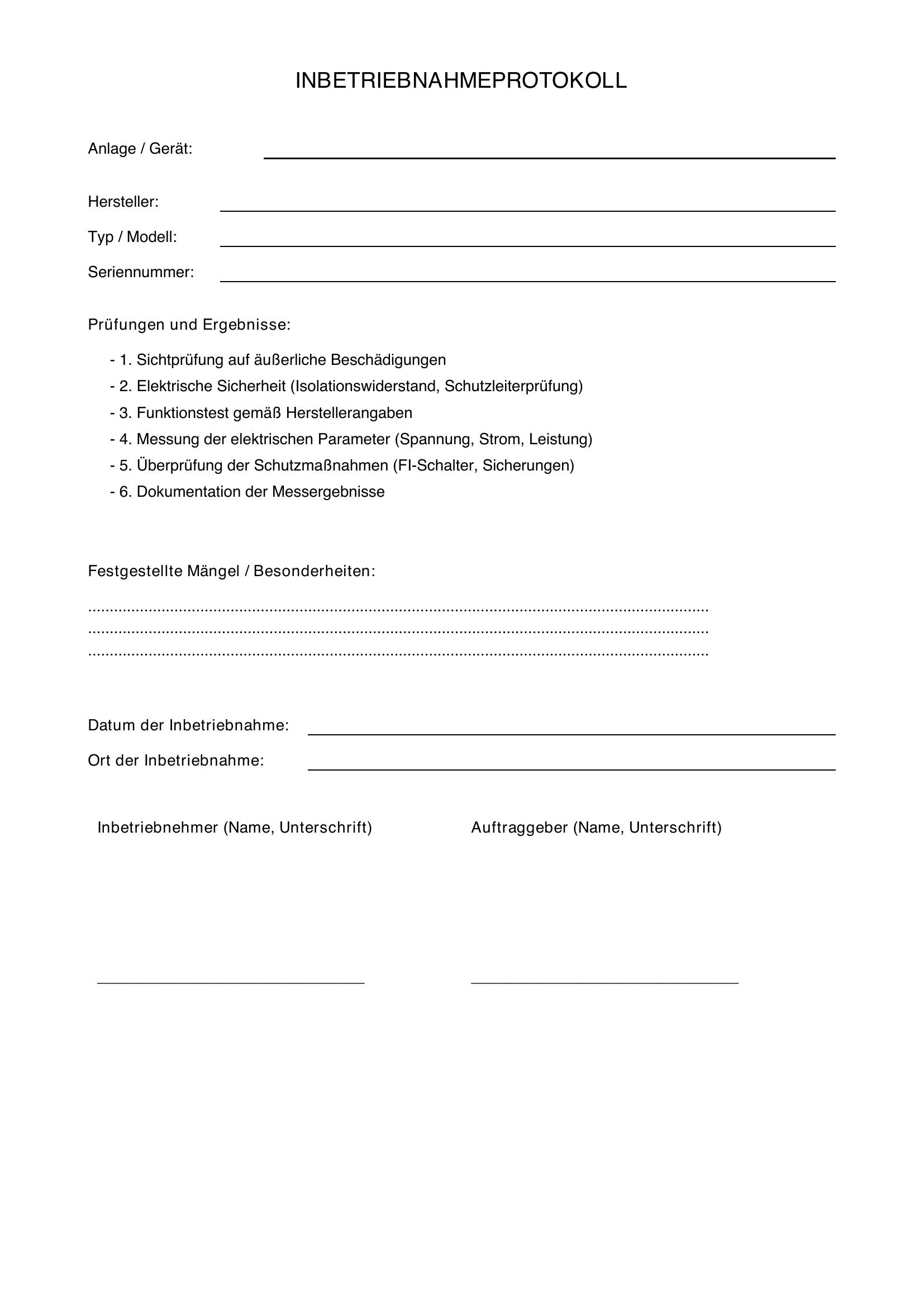 Inbetriebnahmeprotokoll Vorlage
