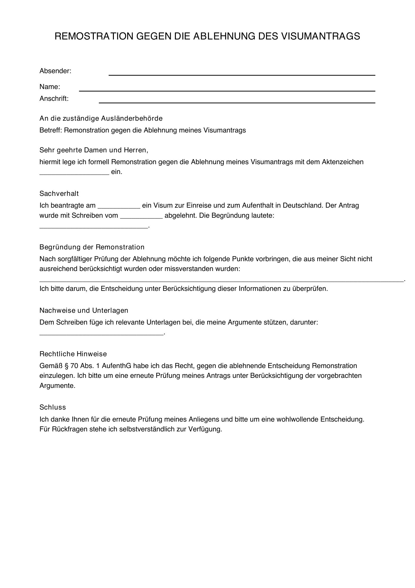 Remonstration Visum Ablehnung Muster