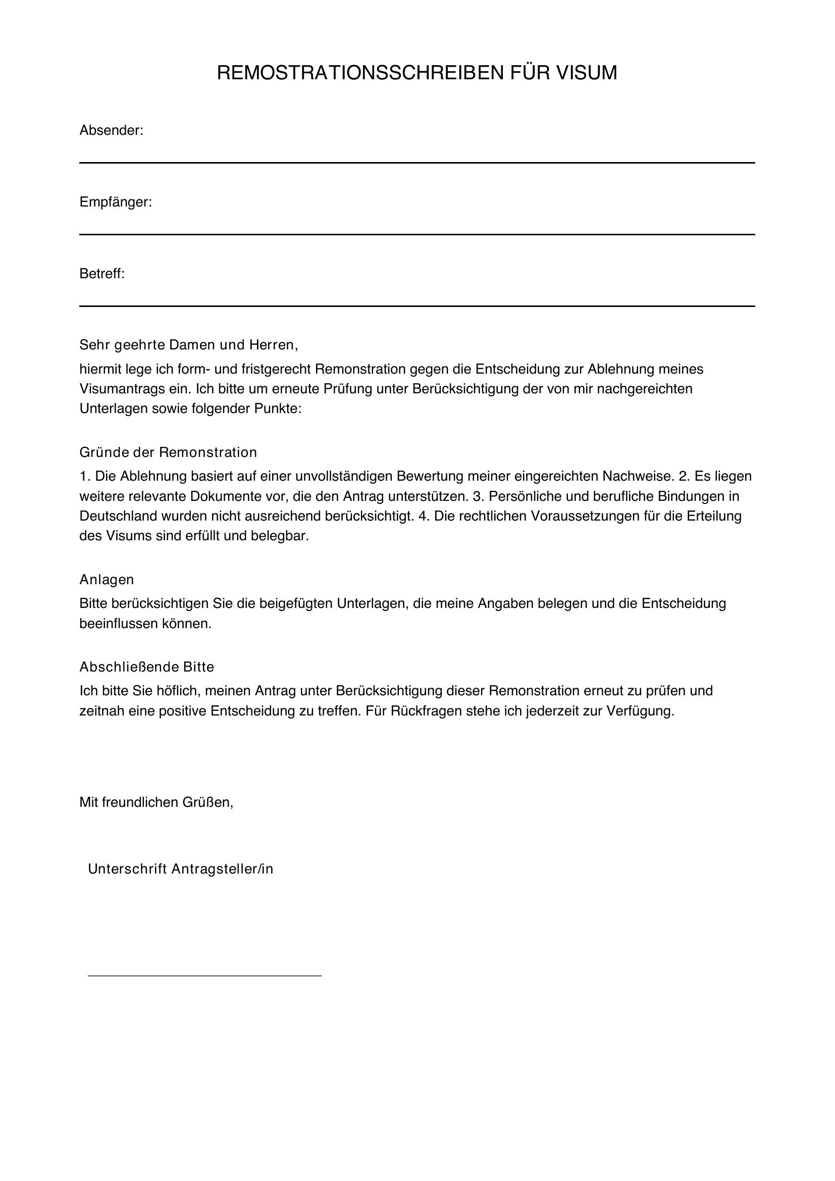 Remonstration Visum Muster Anschreiben
