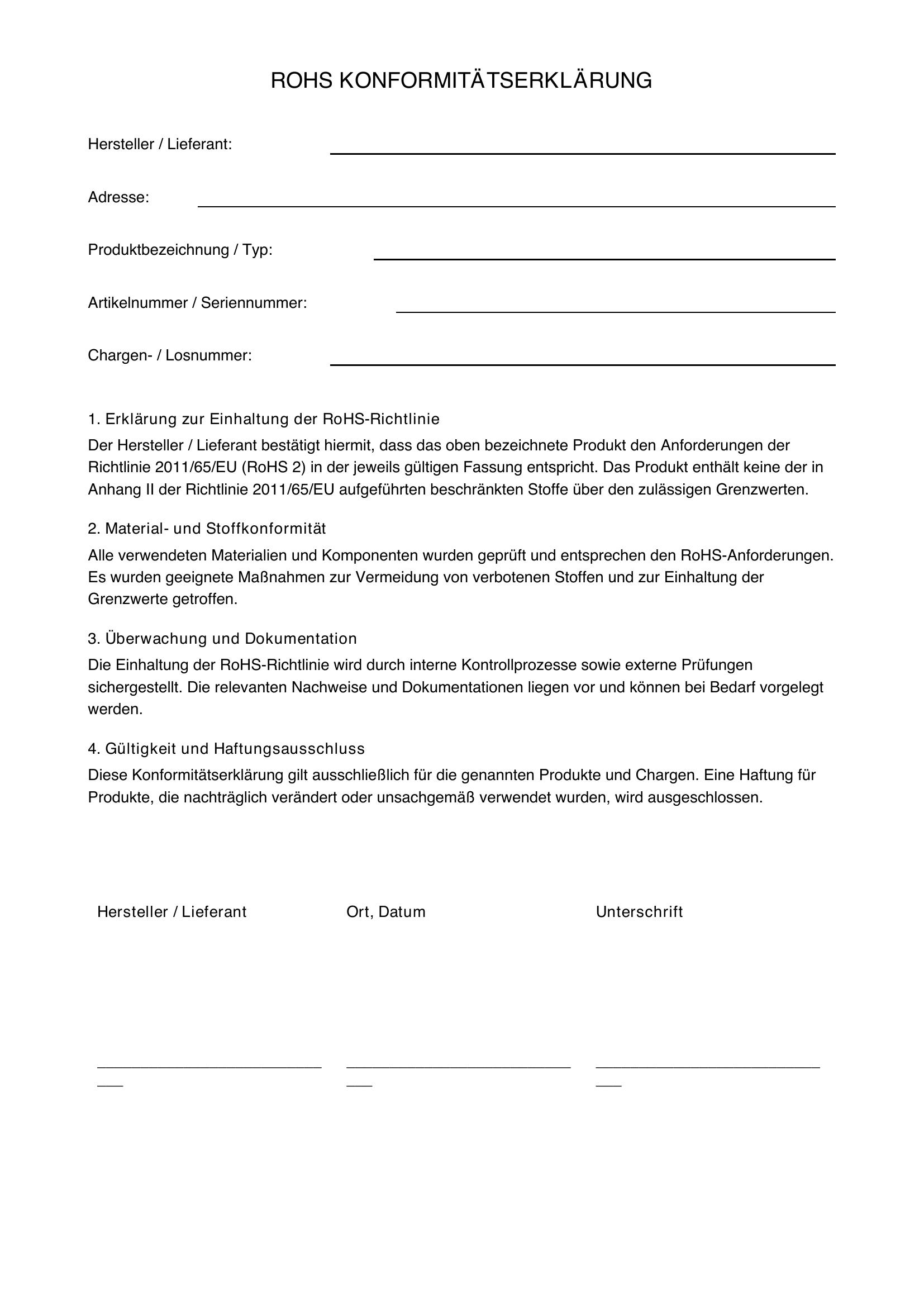 Rohs Konformitätserklärung Vorlage