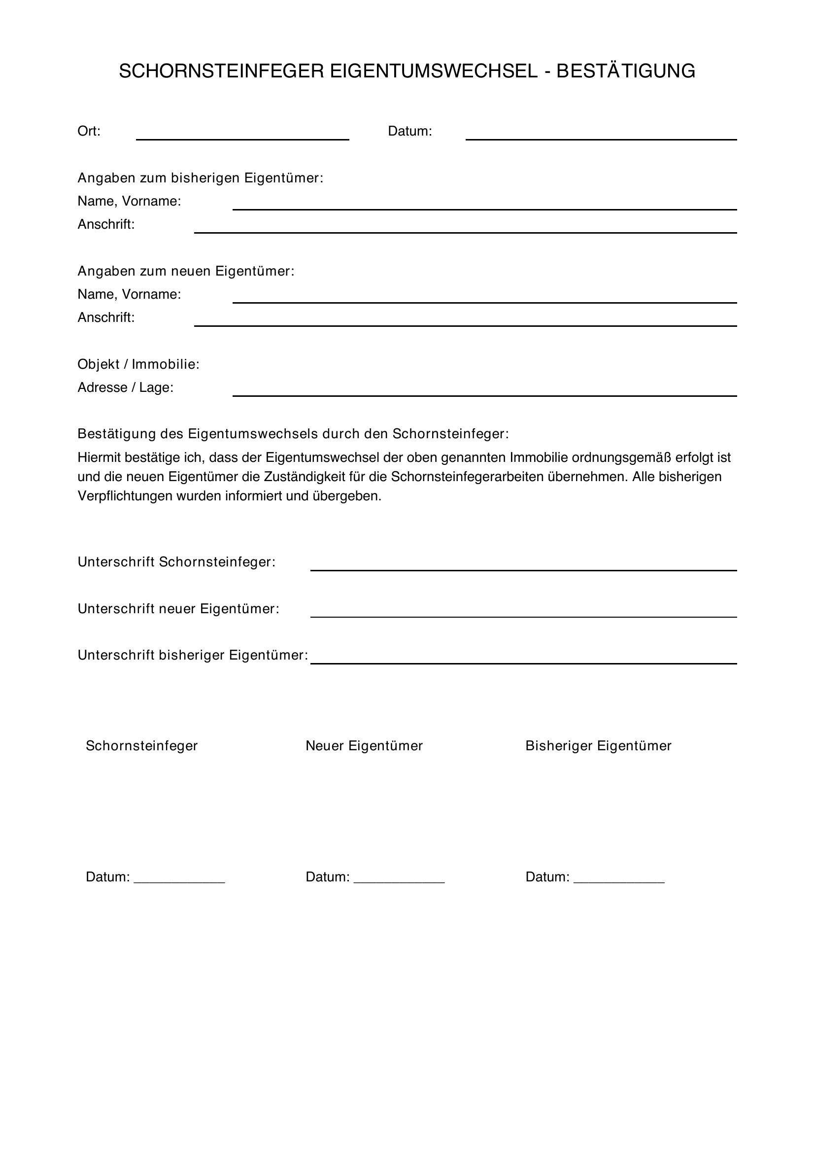 Schornsteinfeger Eigentümerwechsel Vorlage