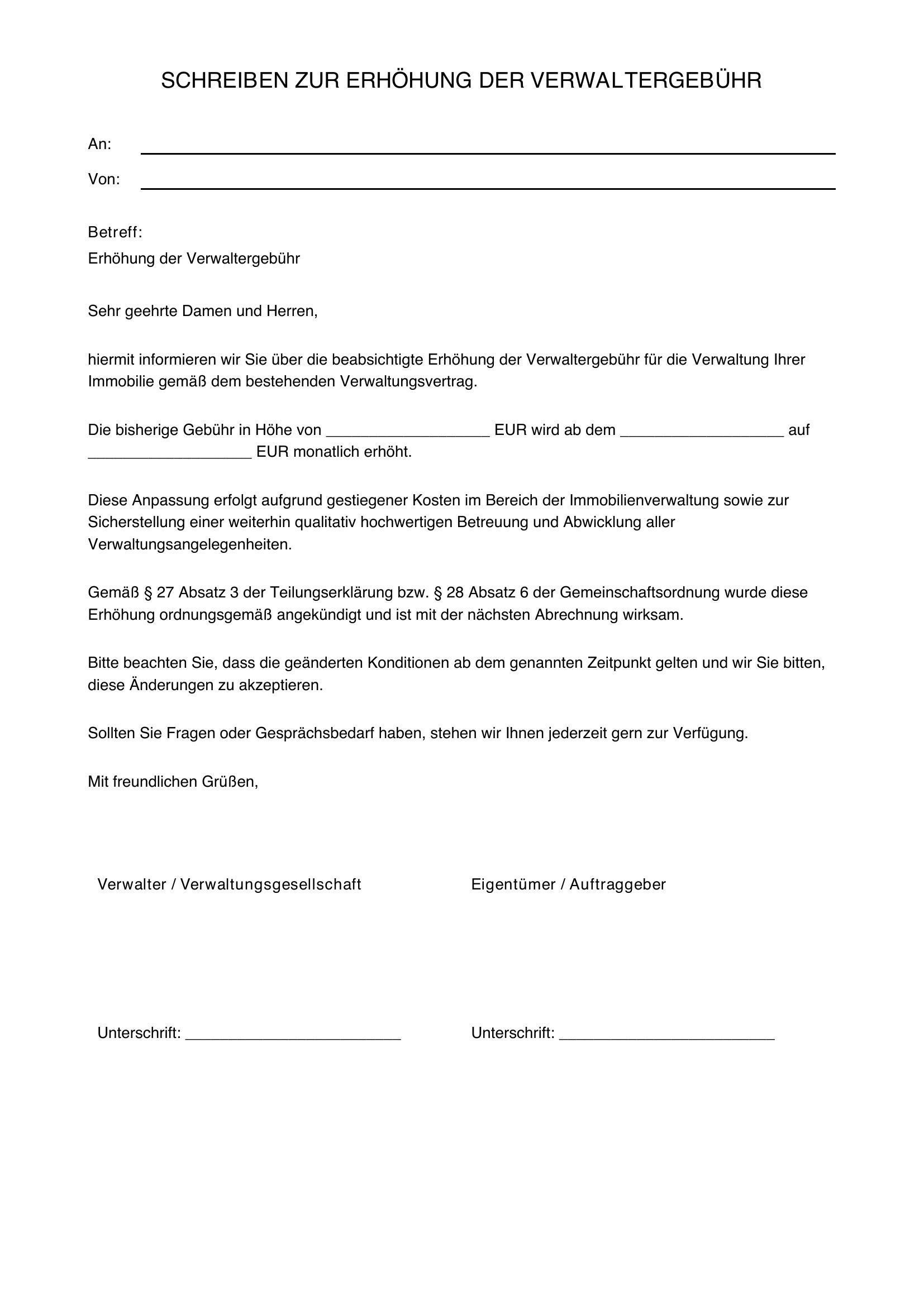 Musterschreiben Erhöhung Verwaltergebühr