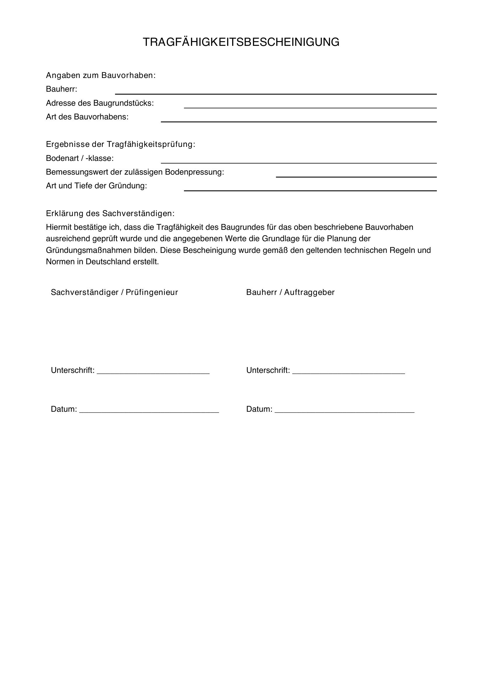 Tragfähigkeitsbescheinigung Muster