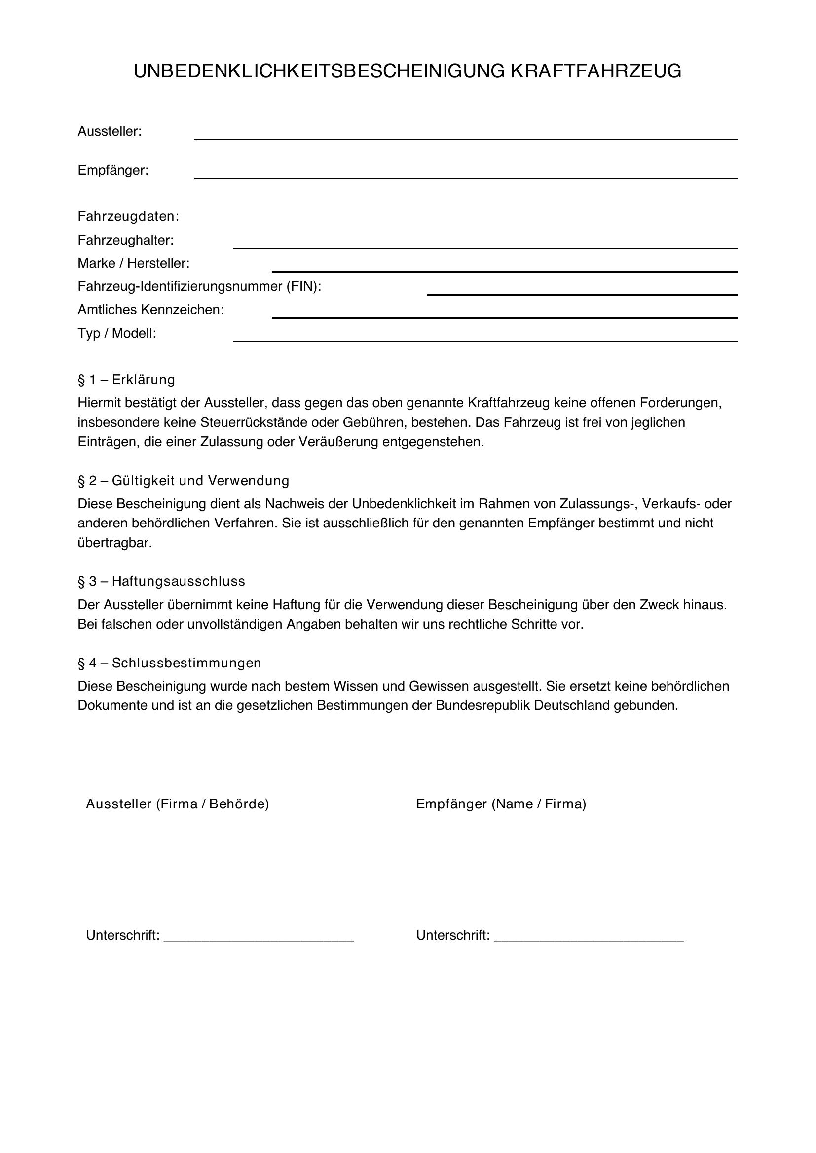 Unbedenklichkeitsbescheinigung Kfz Muster