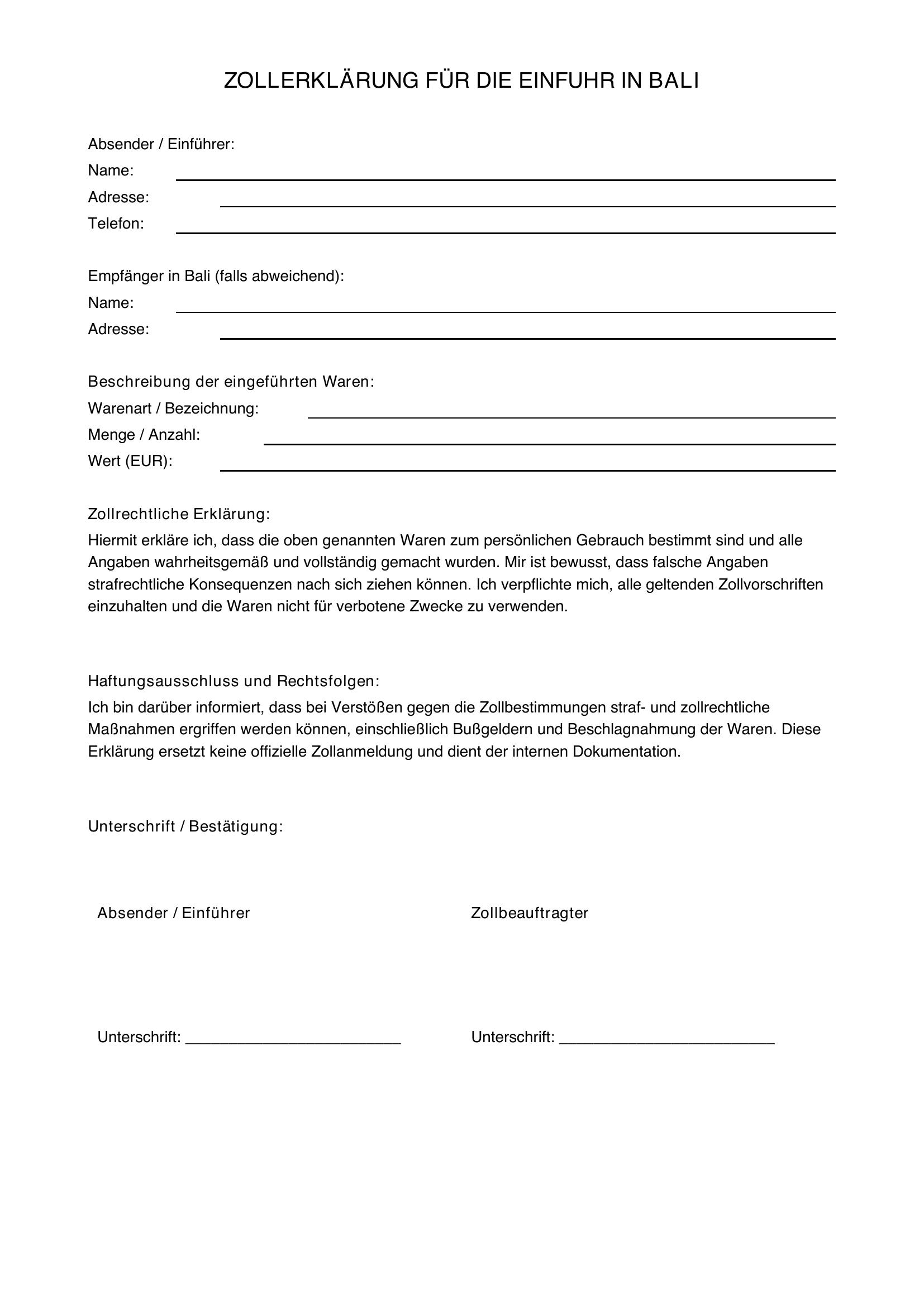 Zollerklärung Bali Muster